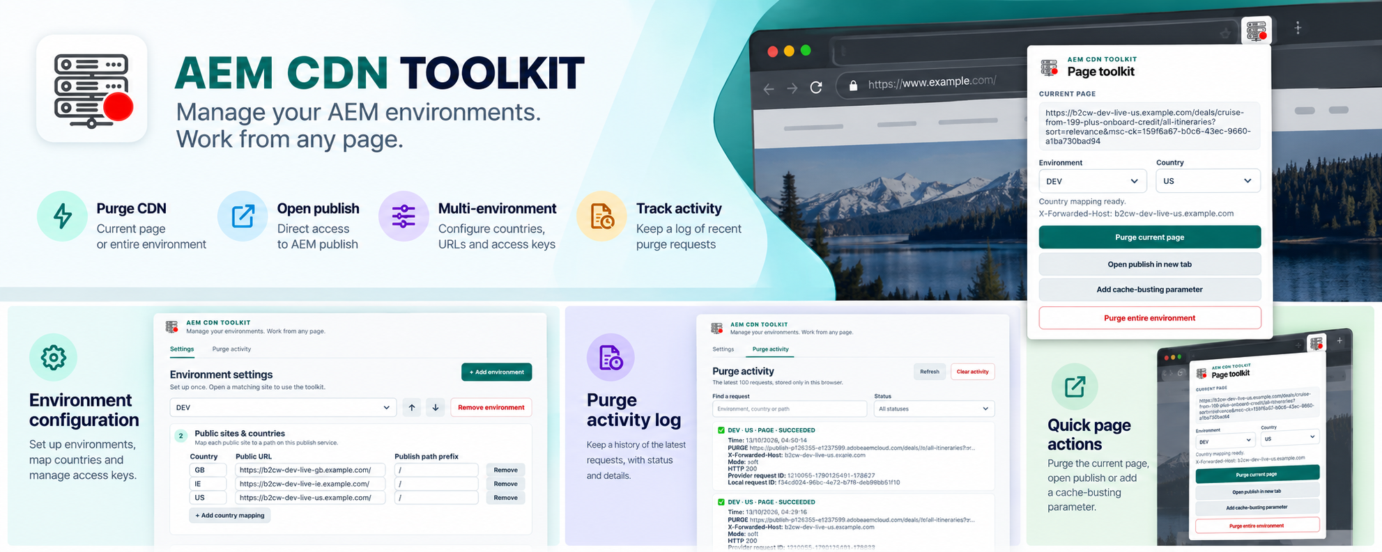 AEM CDN Toolkit promotional overview showing page actions, environment settings and purge activity.